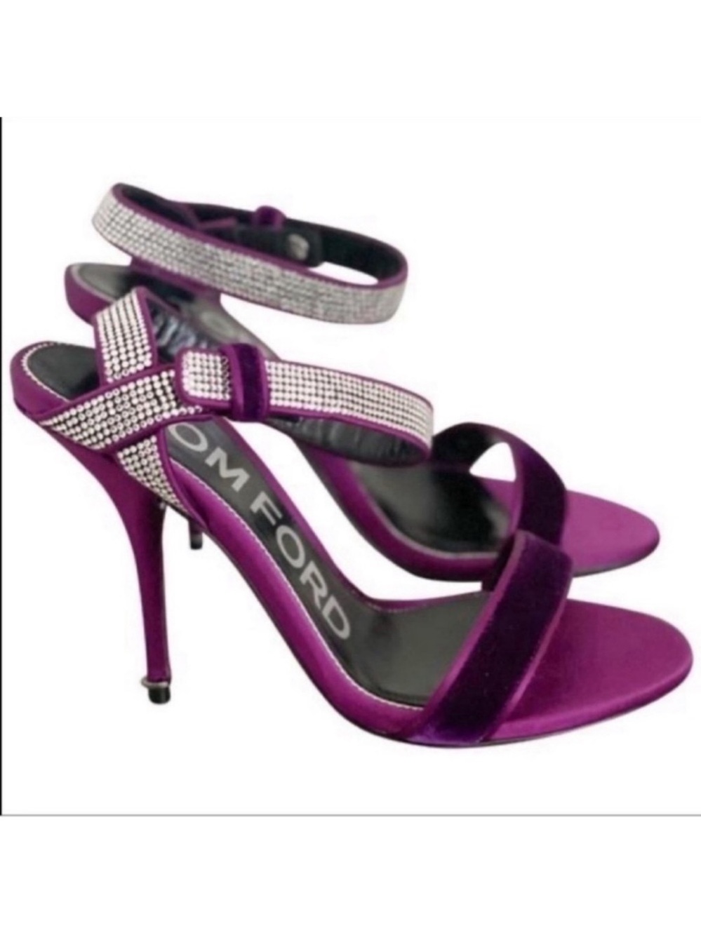 Tom Ford Purple Velvet Crystal-Embellished Ankle Strap Stiletto Sandals